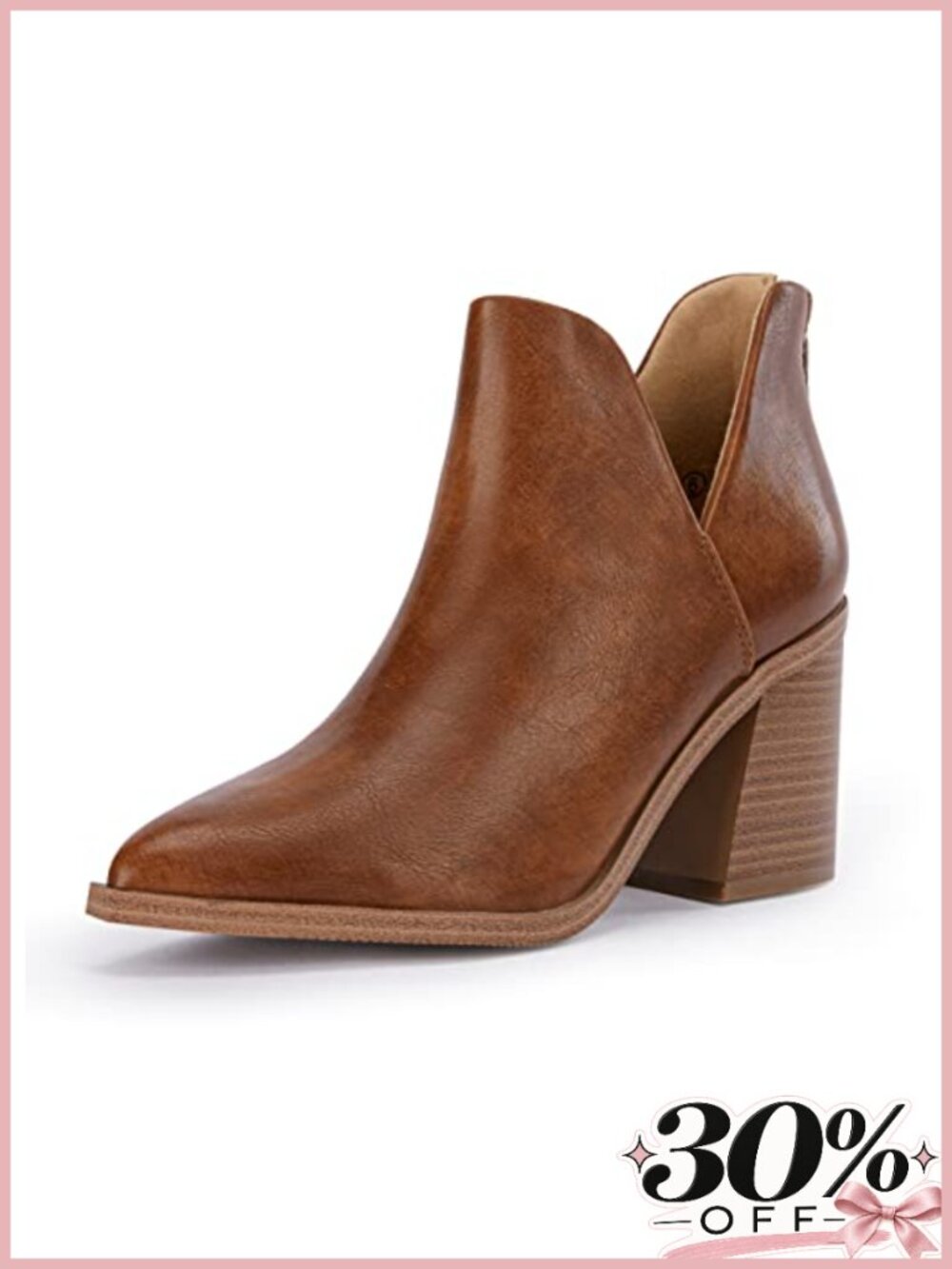 Womens Pointed Toe Stacked Mid Heel Ankle Boots V Cut Back Zipper Faux Leather